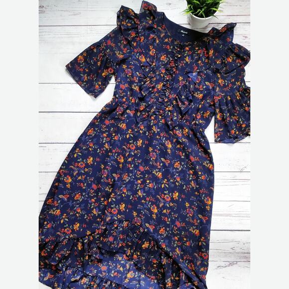 MADEWELL Ruffle Midi Dress Climbing Vine Floral Print Navy Purple Size 10 - Picture 1 of 8